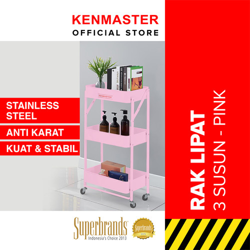 Kenmaster Rak Lipat 3 Susun KM-BWP8 / Rak Dapur Roda Lipat - Pink