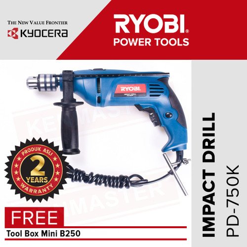 Ryobi Bor Impact Drill PD-750K+KIT Suku Cadang+Koper+ToolBox+FaceShiel