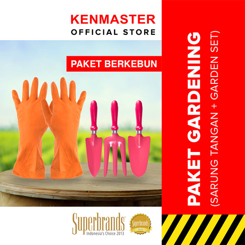 Kenmaster Paket Berkebun - Sarung Tangan Karet Orange L + Garden Tools