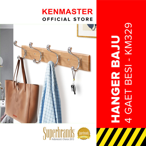 Kenmaster Hanger Kayu 4pc Hooks KM-329 - Gantungan 4 pcs besi